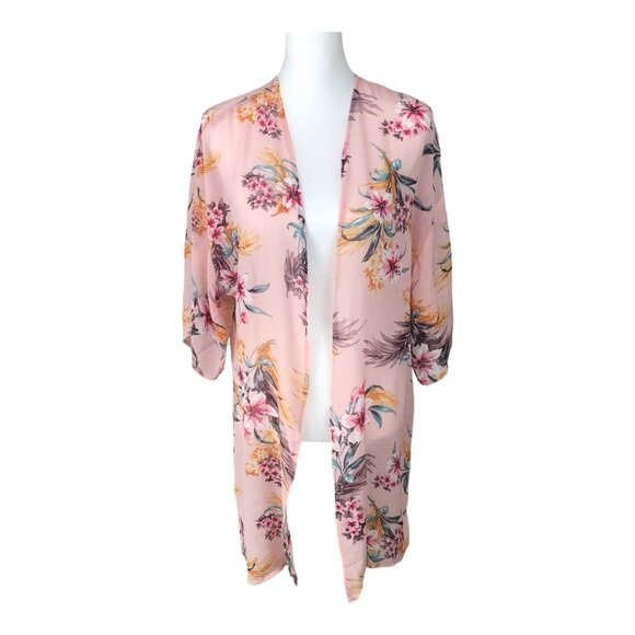 Pinkline Floral‎ Kimono Cardigan Light Pink Floral Sheer 3/4 Sleeve Size L - Picture 1 of 10